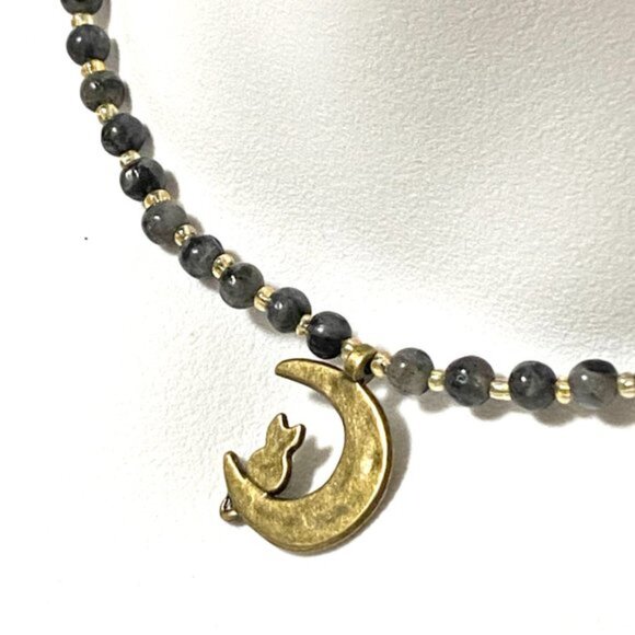 Larvikite Bronze Cat on the Moon Necklace, Genuine Gemstone Beaded Necklace - Picture 3 of 10